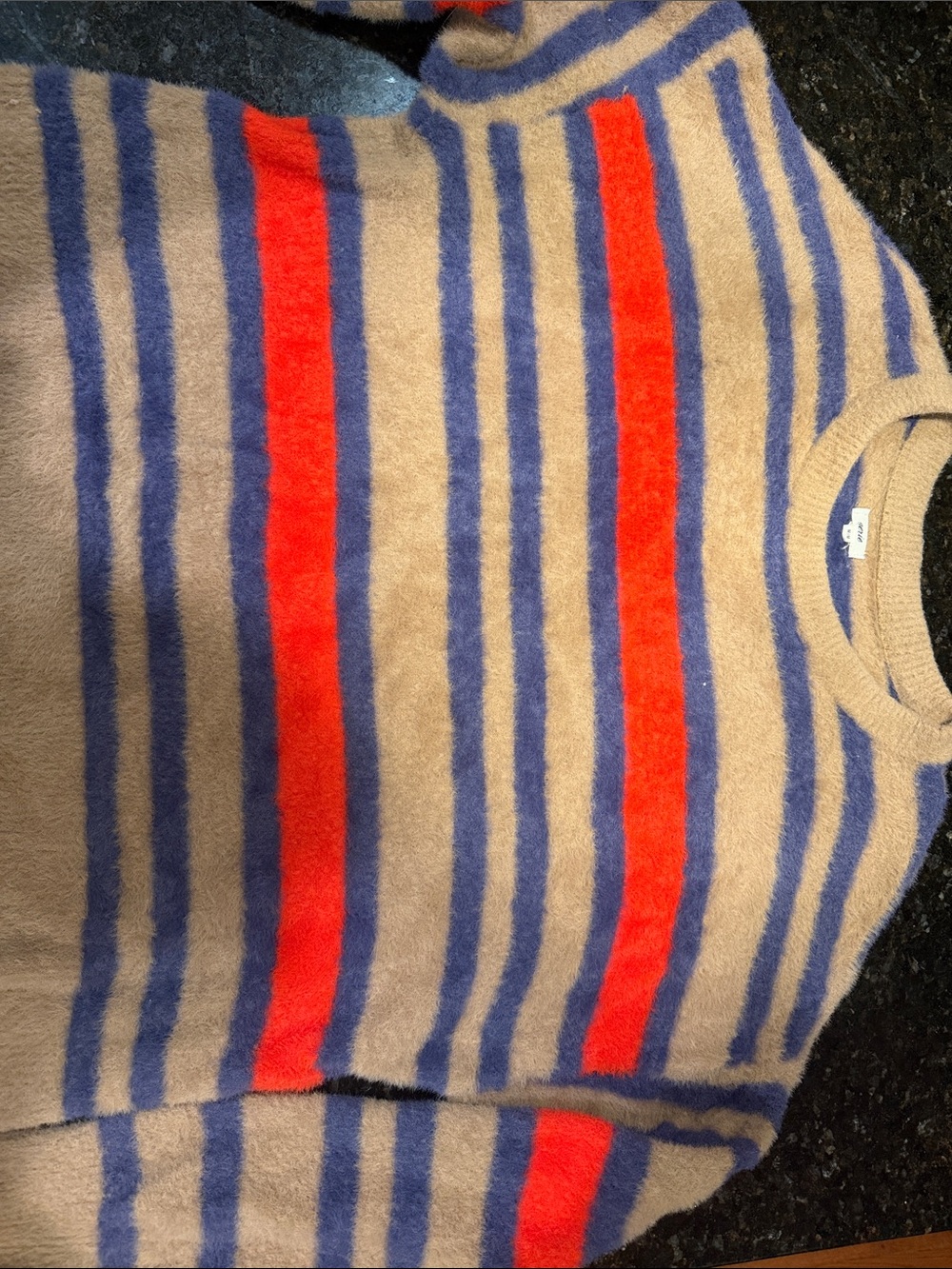 Aerie Women’s Crewneck Sweater in Tan, Blue & Red Stripes